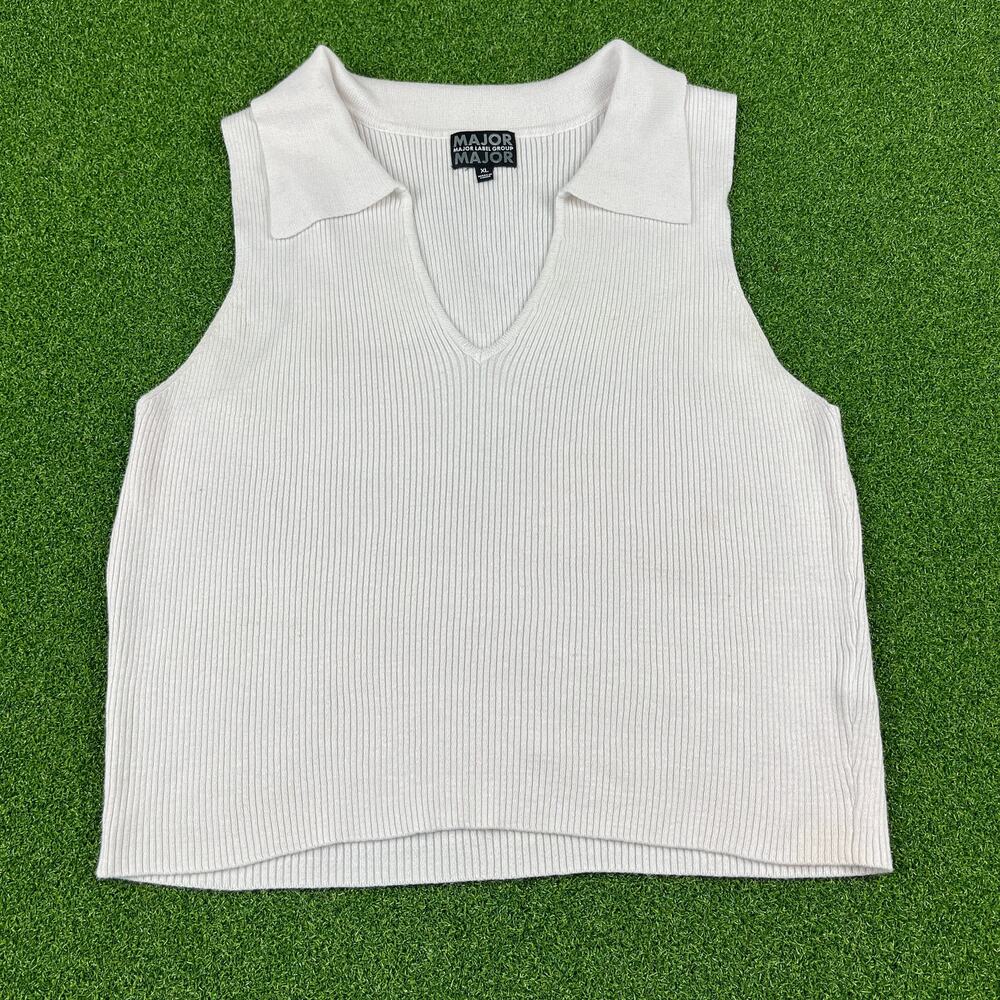 Vintage 90s Y2K Major White Chunky Knit Collared Tank Top Sz XL
